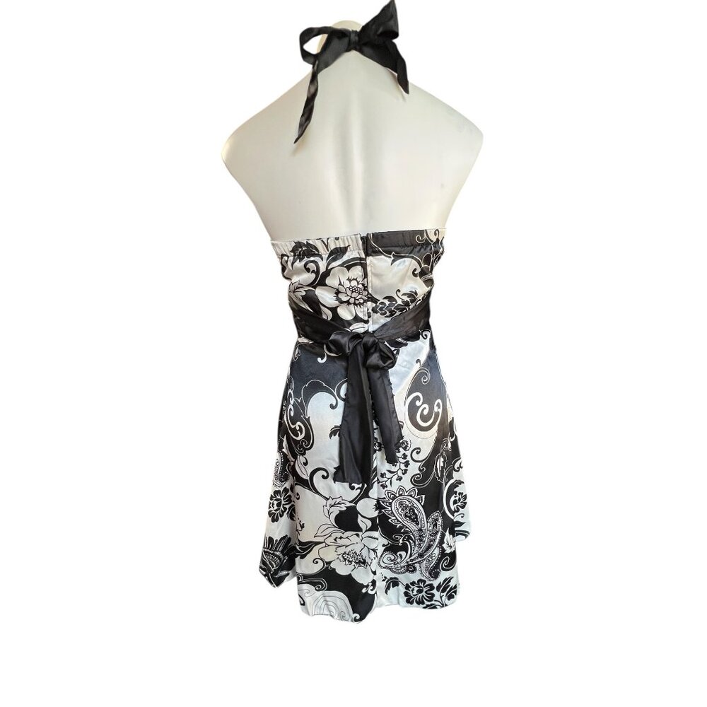 Ruby Rox Womens Halter Dress Size M Satin Floral Black & White Lined with ruffle - Picture 4 of 15